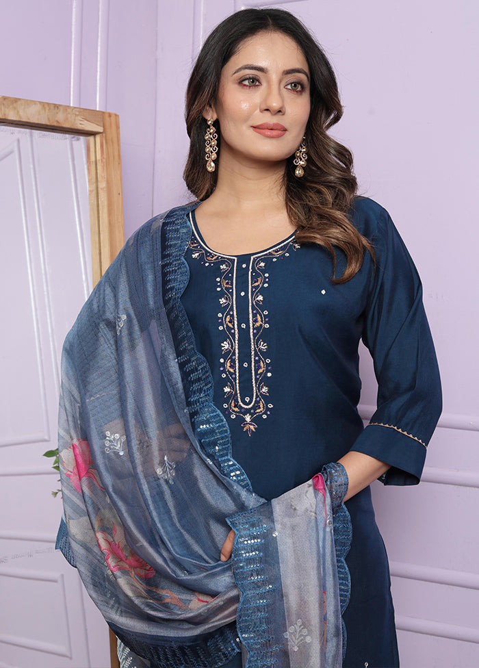 3 Pc Blue Readymade Silk Suit Set