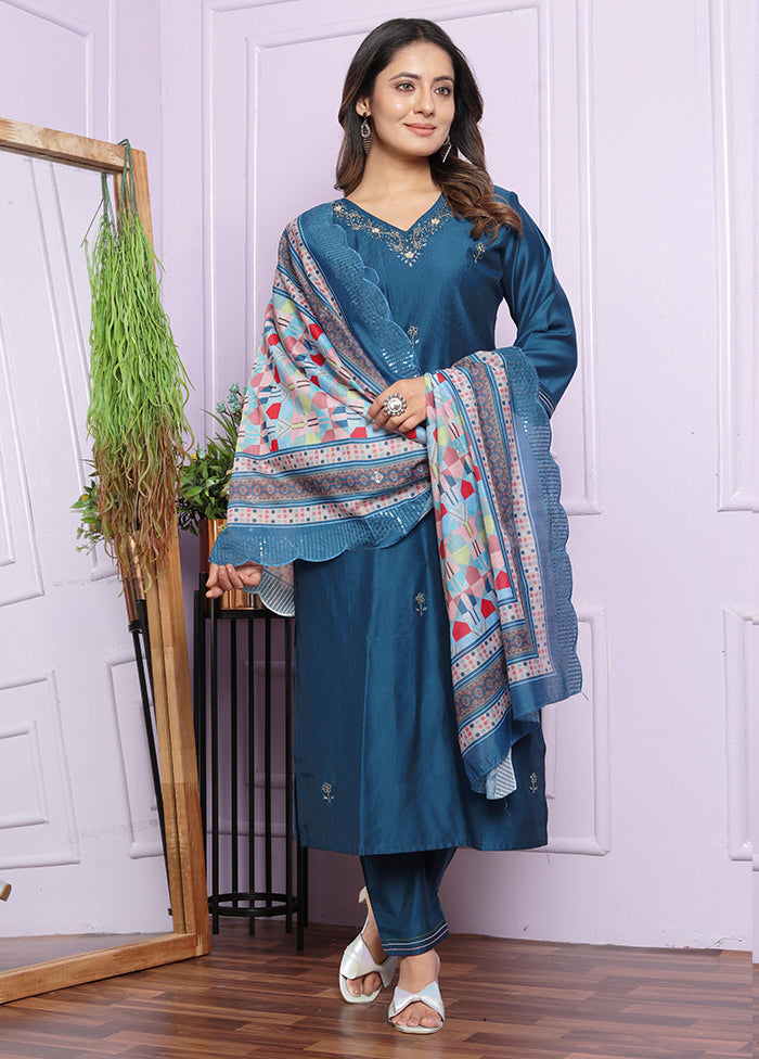 3 Pc Blue Readymade Viscose Suit Set