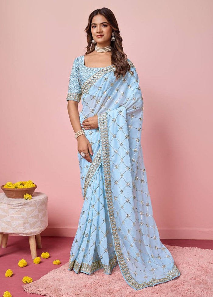 Sky Blue Georgette Saree With Blouse Piece