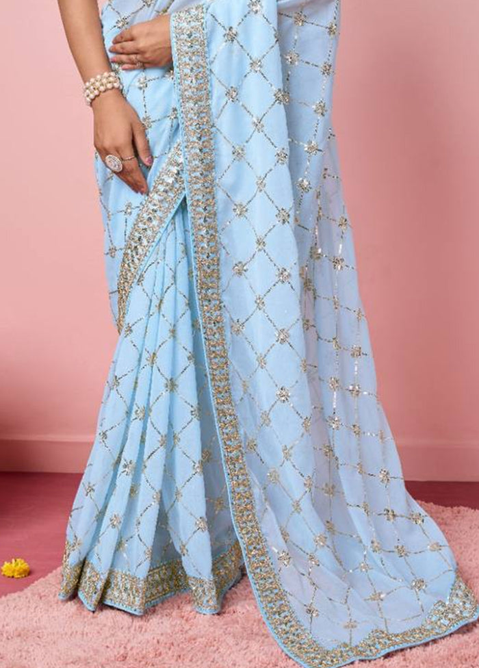 Sky Blue Georgette Saree With Blouse Piece