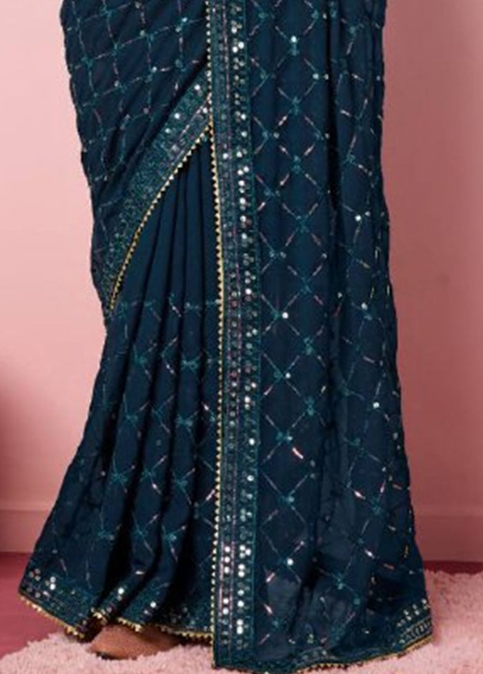 Teal Georgette Saree With Blouse Piece