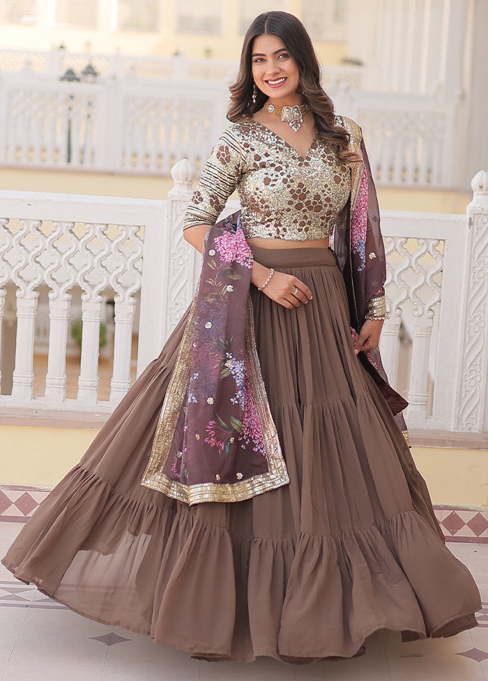 3 Pc Beige Georgette Semi Stitched Lehenga Set