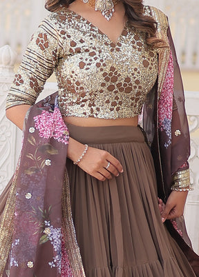 3 Pc Beige Georgette Semi Stitched Lehenga Set