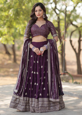 3 Pc Wine Silk Semi Stitched Lehenga Set