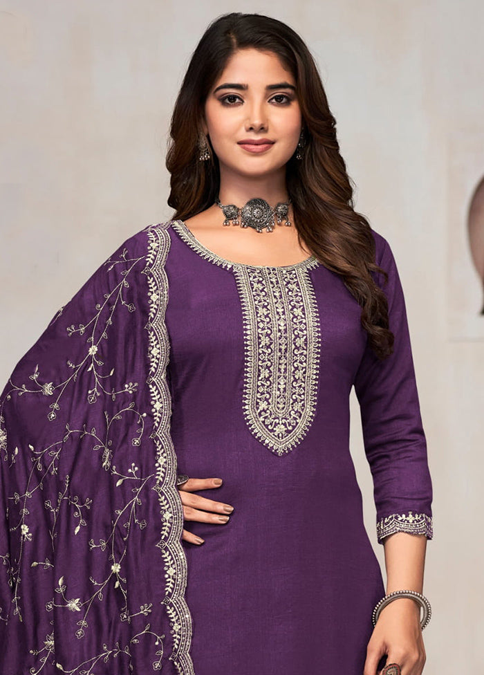 3 Pc Purple Pure Semi Stitched Silk Suit Set