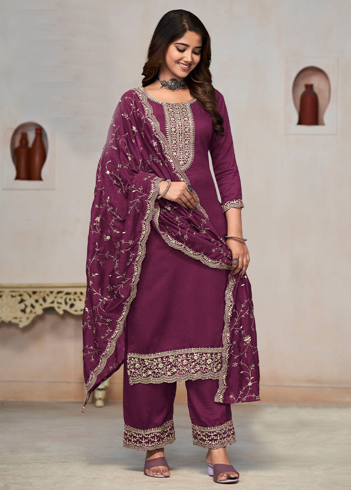 3 Pc Wine Pure Semi Stitched Silk Suit Set