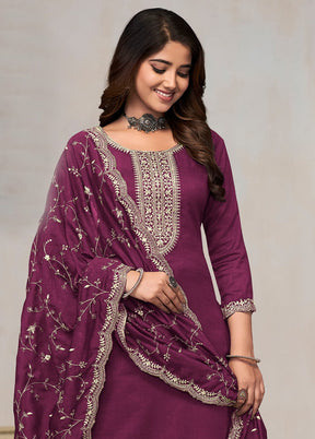 3 Pc Wine Pure Semi Stitched Silk Suit Set