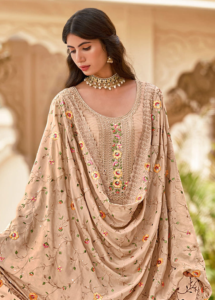 3 Pc Beige Semi Stitched Georgette Suit Set