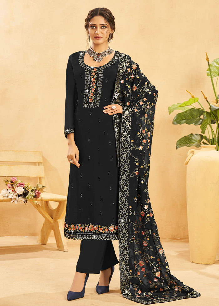 3 Pc Black Semi Stitched Real Organza Suit Set