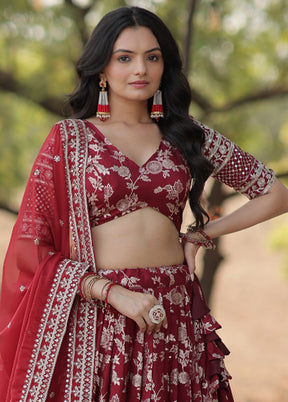 3 Pc Maroon Pure Viscose Semi Stitched Lehenga Set