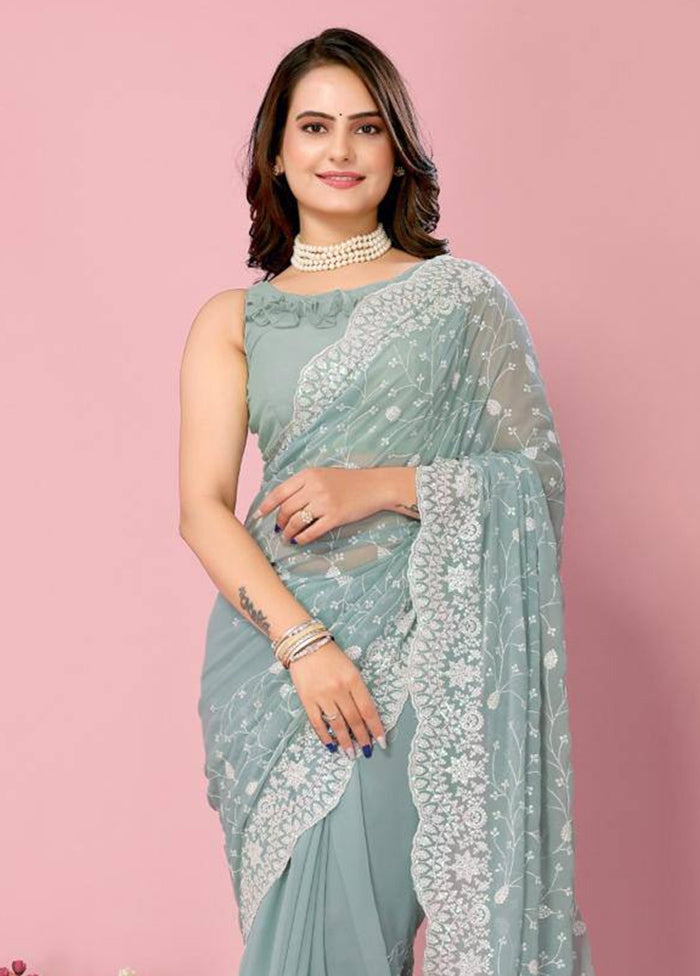 Aqua Georgette Saree With Blouse Piece