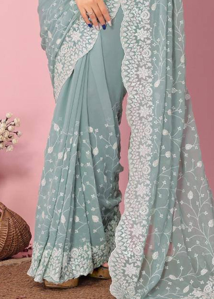 Aqua Georgette Saree With Blouse Piece