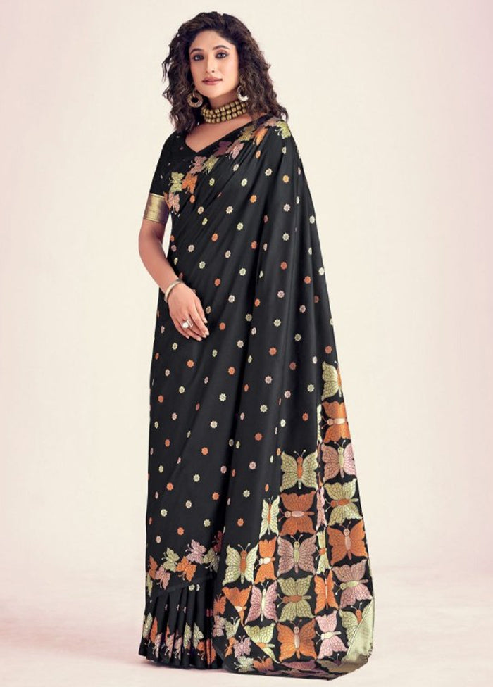 Black Spun Silk Saree With Blouse Piece