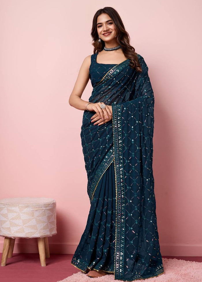 Teal Georgette Saree With Blouse Piece