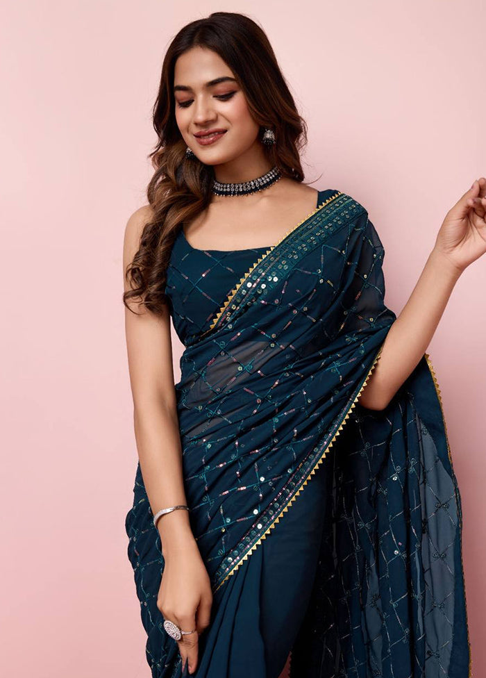 Teal Georgette Saree With Blouse Piece