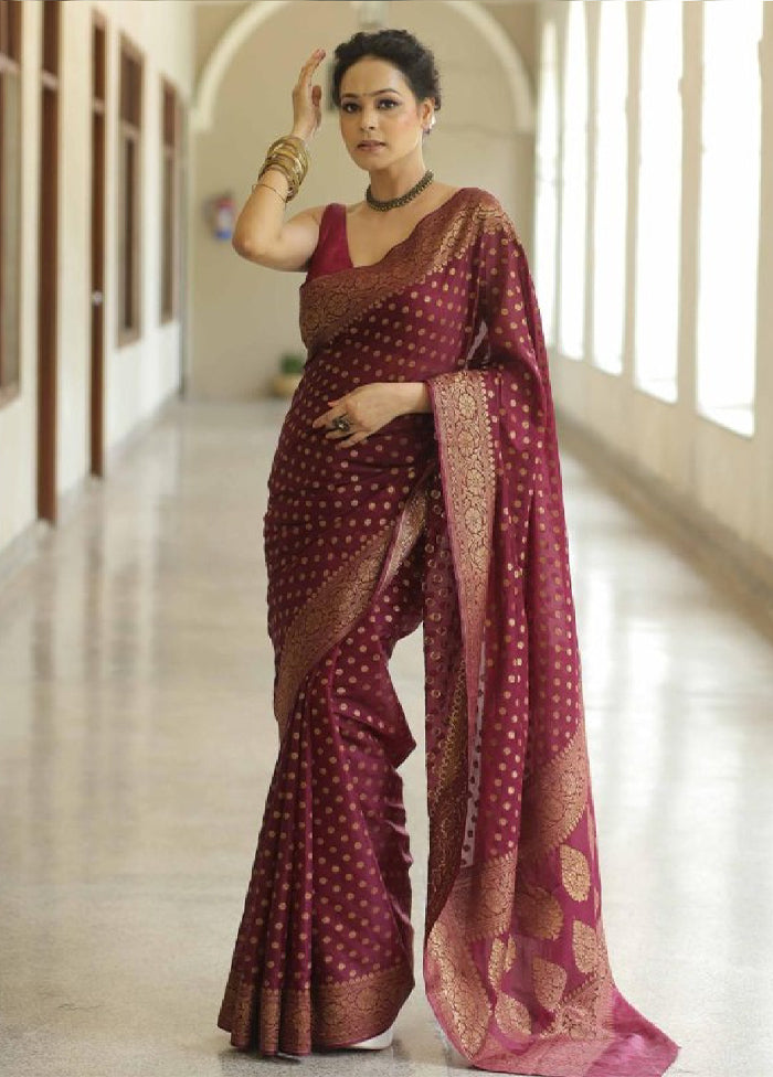 Maroon Banarasi Silk Saree With Blouse Piece