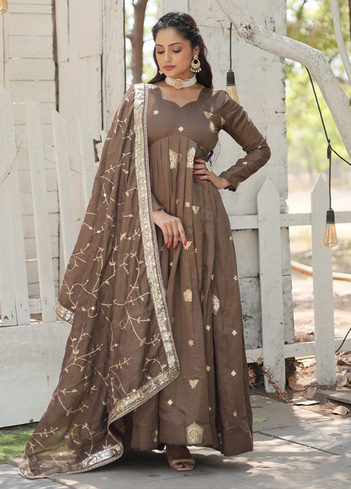 Beige Readymade Silk Dupatta Indian Dress