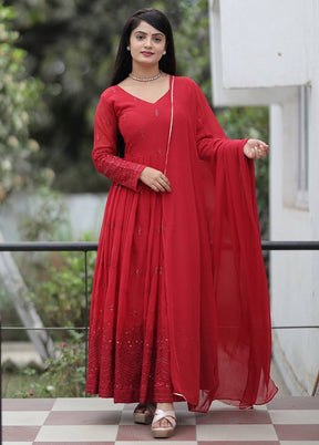 3 Pc Maroon Readymade Georgette Suit Set