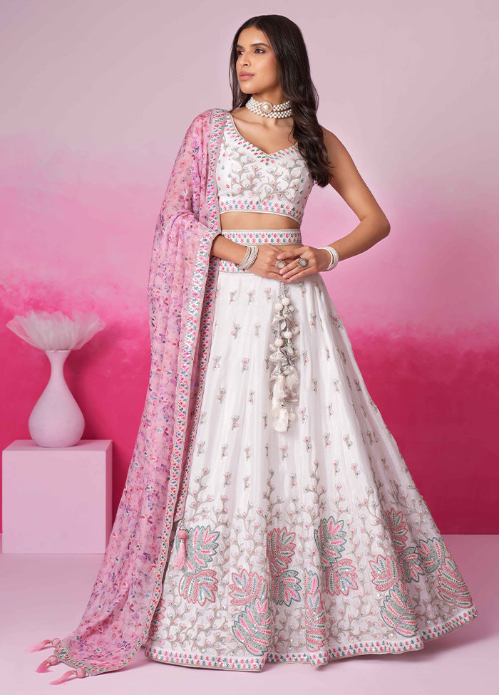 3 Pc Cream Georgette Semi Stitched Lehenga Set