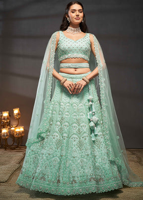 3 Pc Blue Net Semi Stitched Lehenga Set