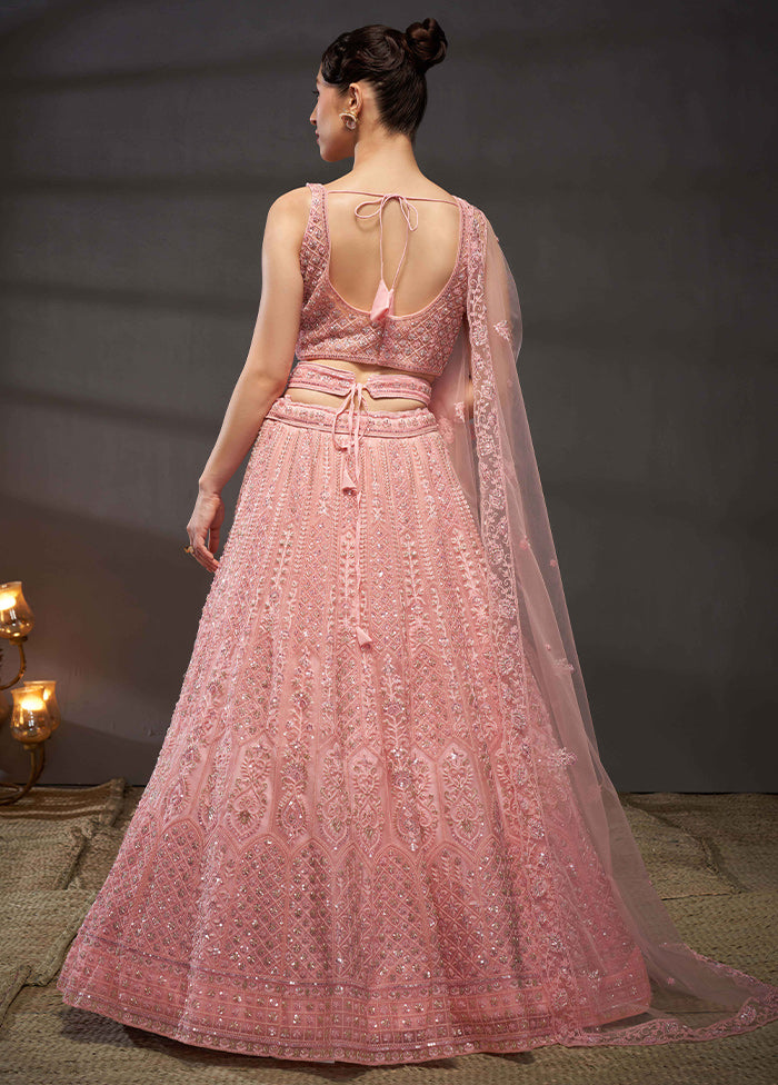 3 Pc Pink Net Semi Stitched Lehenga Set