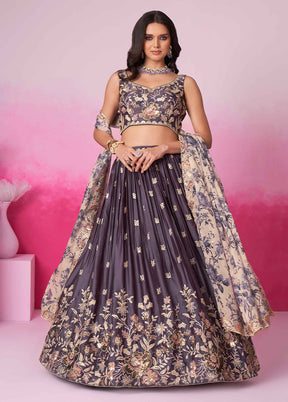 3 Pc Purple Silk Semi Stitched Lehenga Set