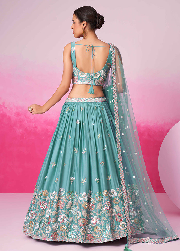 3 Pc Blue Georgette Semi Stitched Lehenga Set