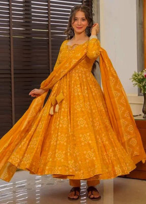 3 Pc Mustard Readymade Silk Suit Set