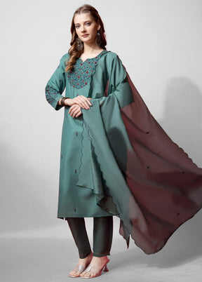 3 Pc Green Readymade Cotton Suit Set