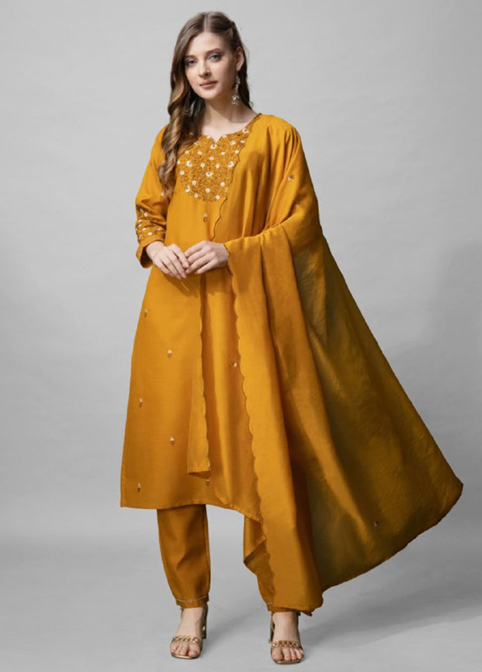 3 Pc Mustard Readymade Cotton Suit Set