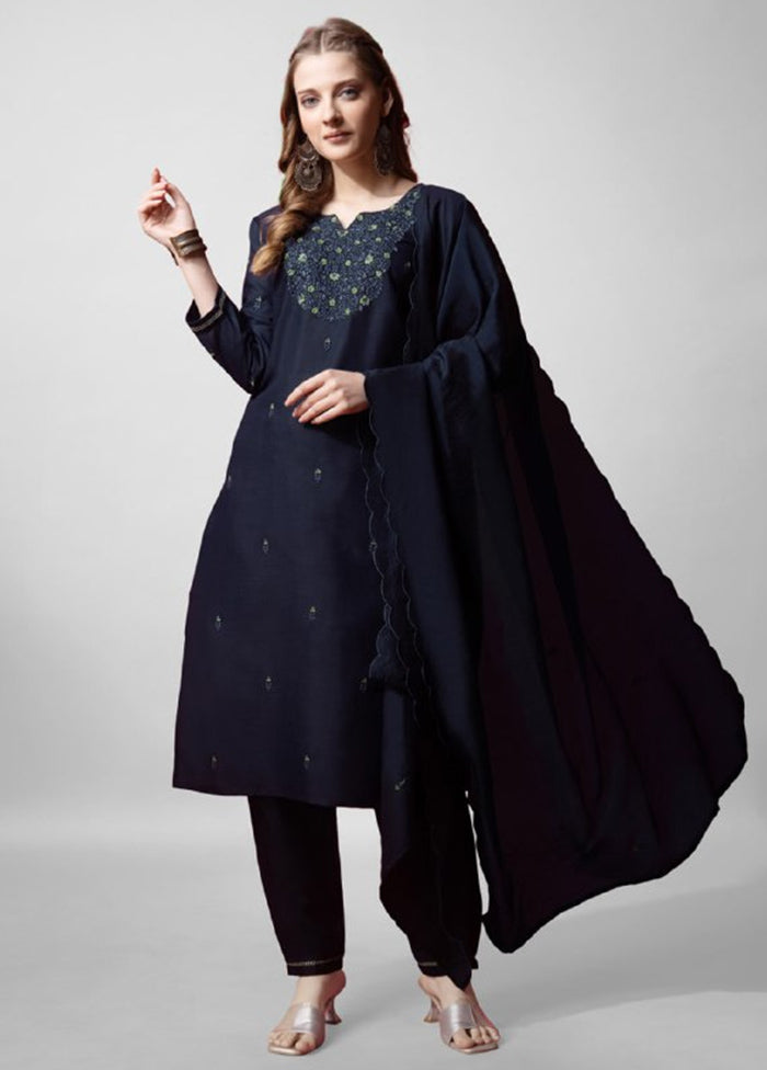 3 Pc Navy Blue Readymade Cotton Suit Set