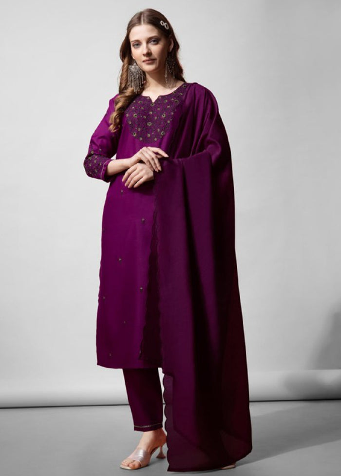 3 Pc Purple Readymade Cotton Suit Set