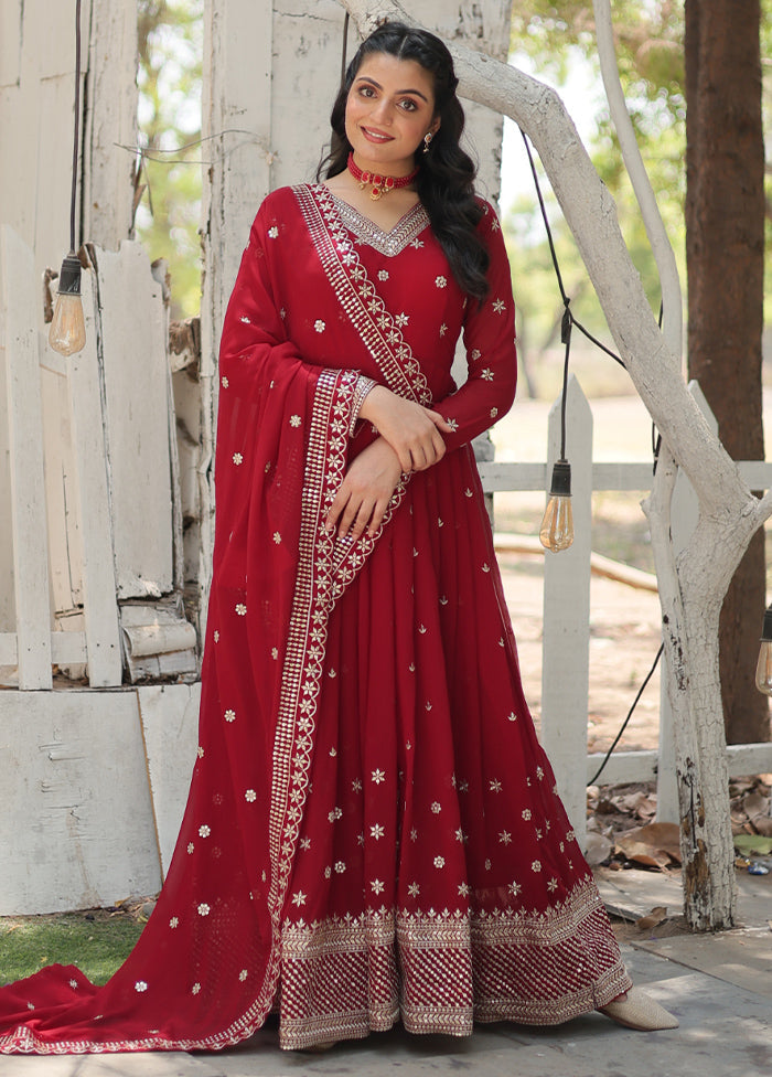 Red Readymade Silk Dupatta Indian Dress