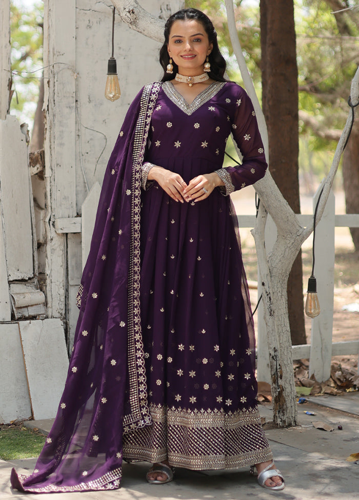 Purple Readymade Silk Dupatta Indian Dress