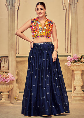 3 Pc Navy Blue Cotton Semi Stitched Lehenga Set