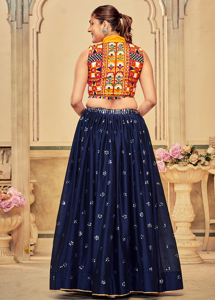 3 Pc Navy Blue Cotton Semi Stitched Lehenga Set