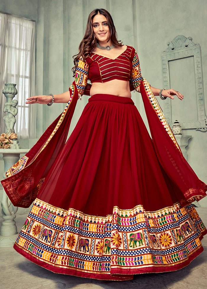 3 Pc Maroon Georgette Semi Stitched Lehenga Set