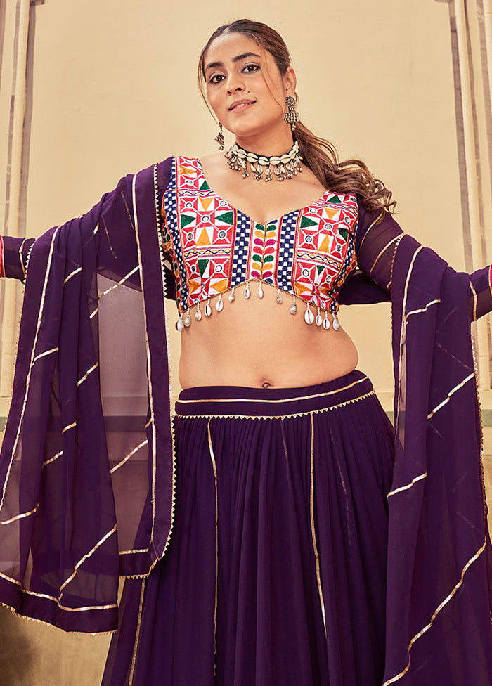 3 Pc Purple Georgette Semi Stitched Lehenga Set