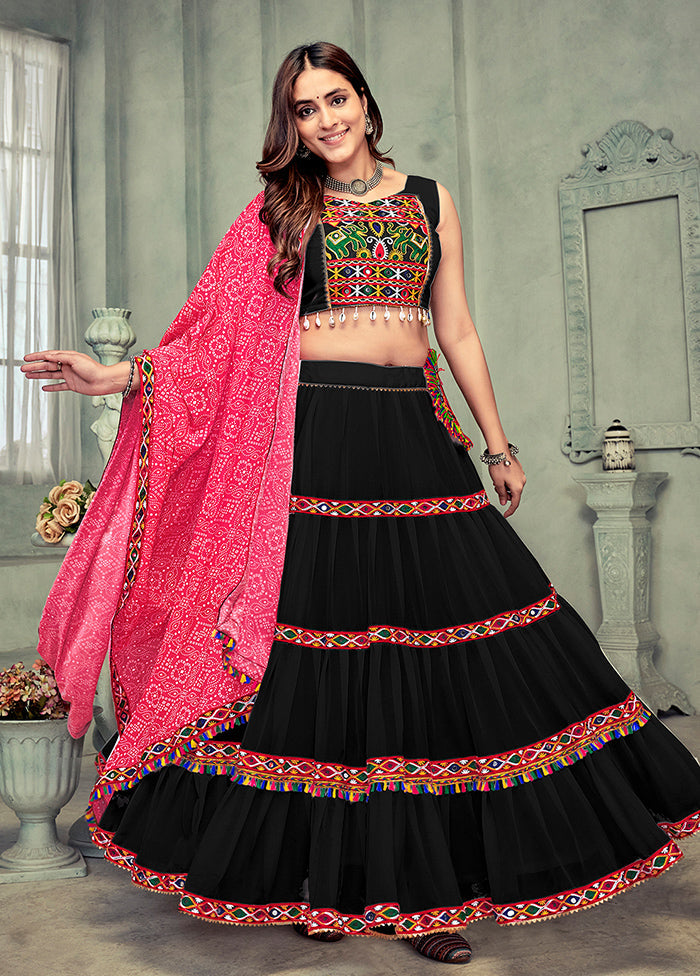 3 Pc Black Georgette Semi Stitched Lehenga Set