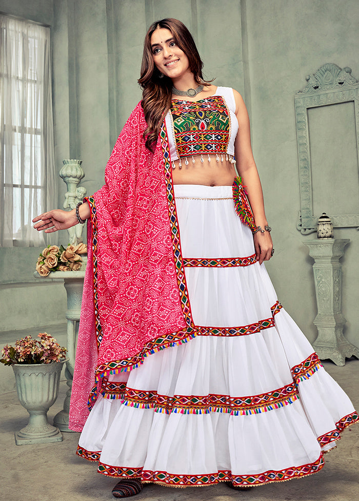 3 Pc White Georgette Semi Stitched Lehenga Set