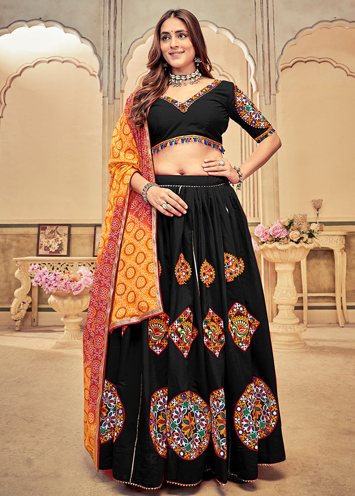 3 Pc Black Cotton Semi Stitched Lehenga Set