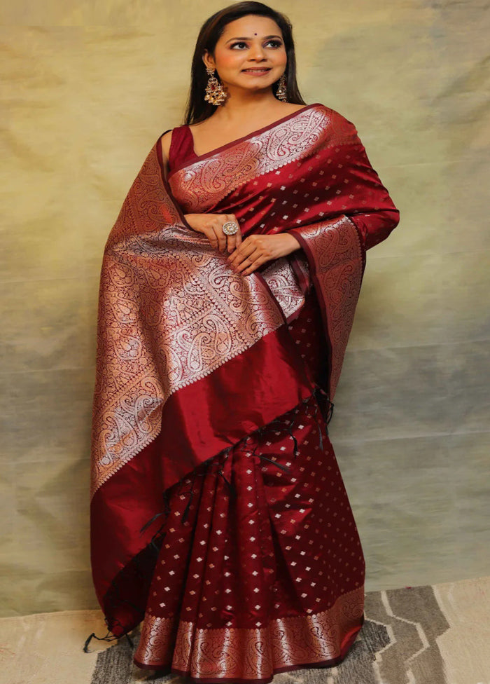 Maroon Dupion Silk Saree With Blouse Piece