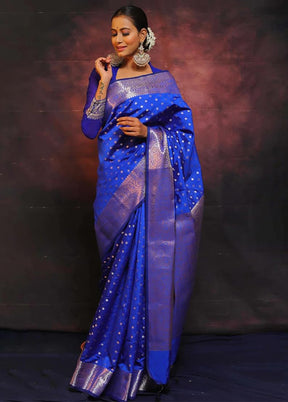 Navy Blue Dupion Silk Saree With Blouse Piece