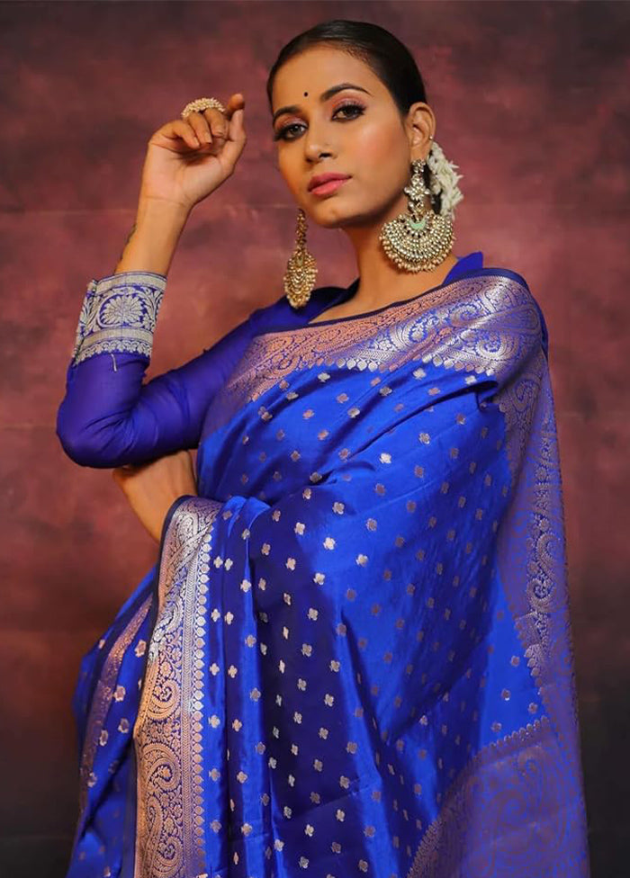 Navy Blue Dupion Silk Saree With Blouse Piece