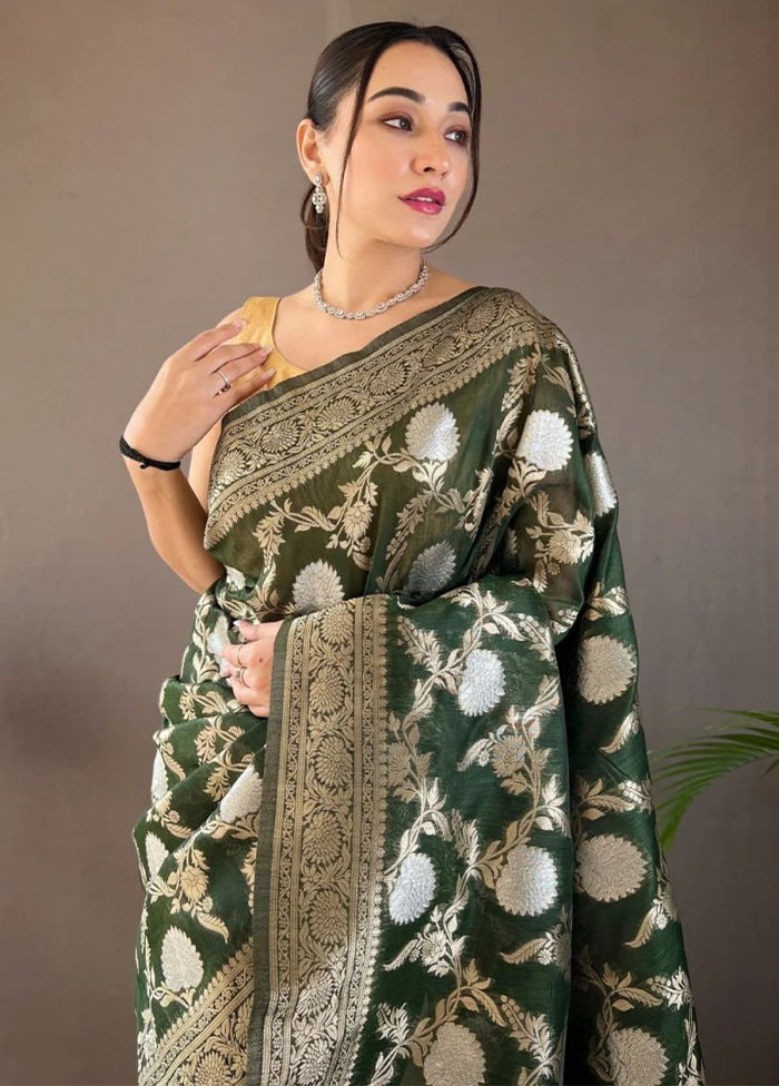 Dark Green Banarasi Silk Saree With Blouse Piece