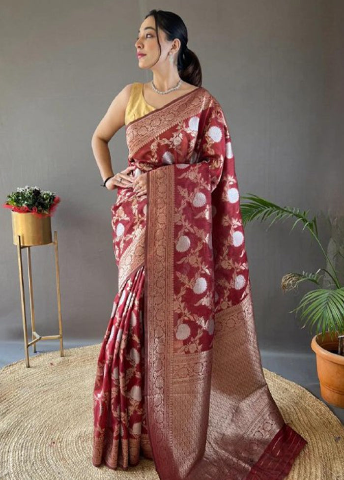 Maroon Banarasi Silk Saree With Blouse Piece