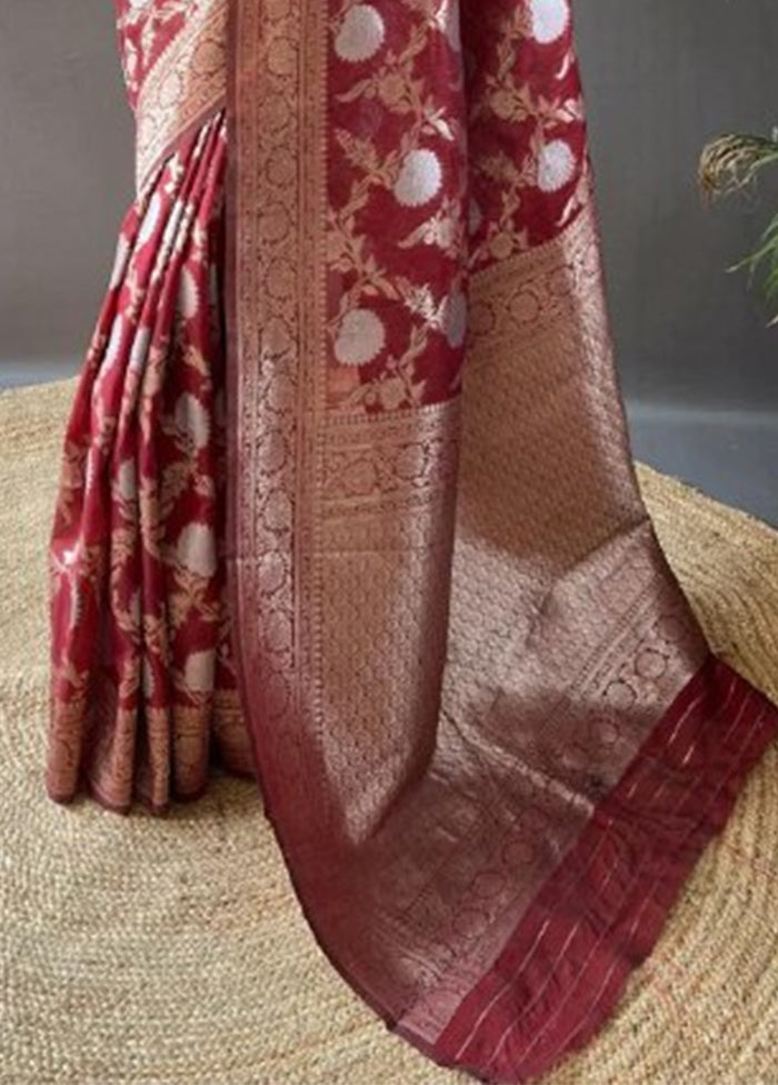 Maroon Banarasi Silk Saree With Blouse Piece