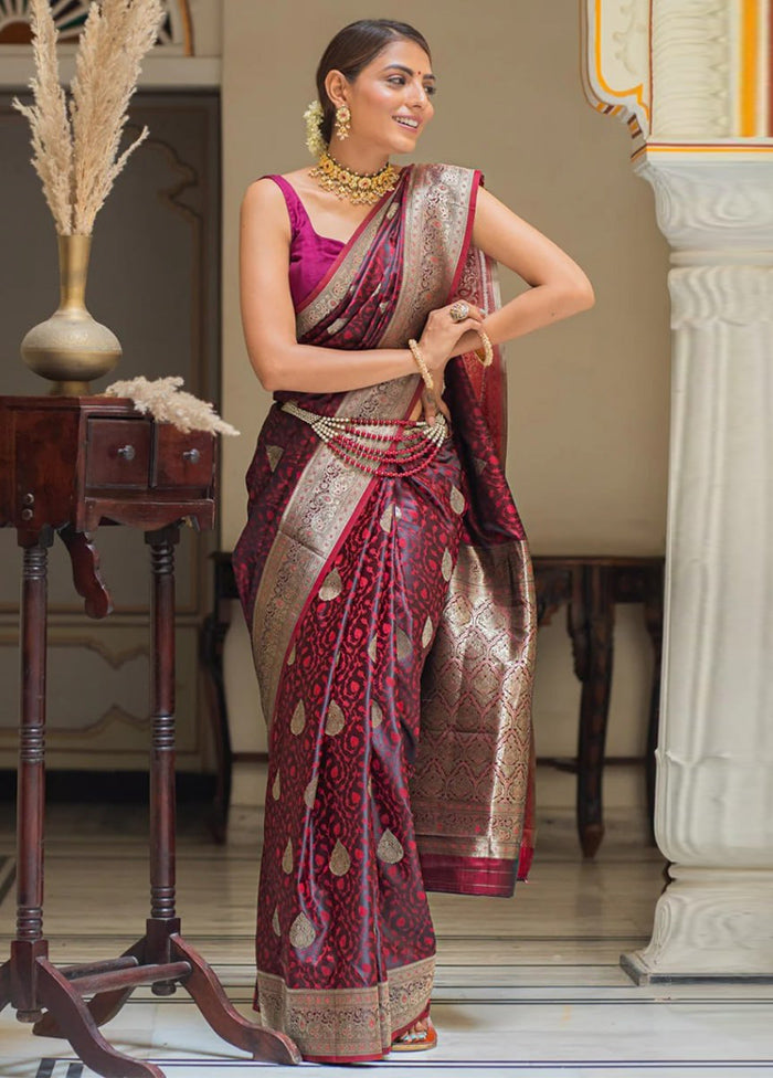 Maroon Banarasi Silk Saree With Blouse Piece