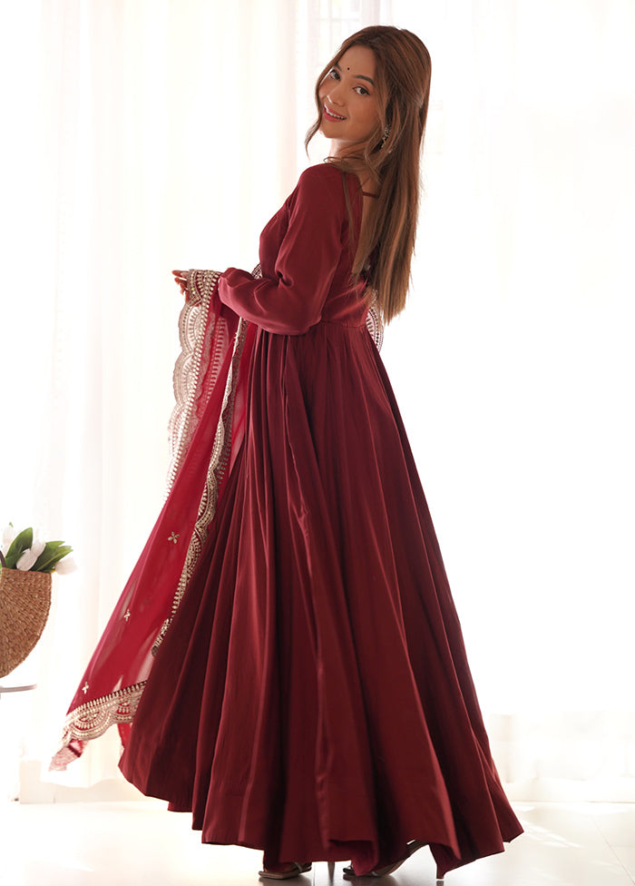 3 Pc Maroon Pure Readymade Chanderi Suit Set