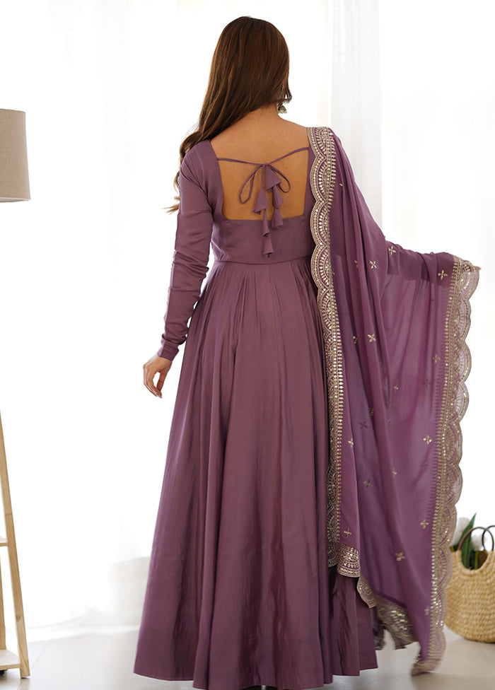 3 Pc Mauve Pure Readymade Chanderi Suit Set